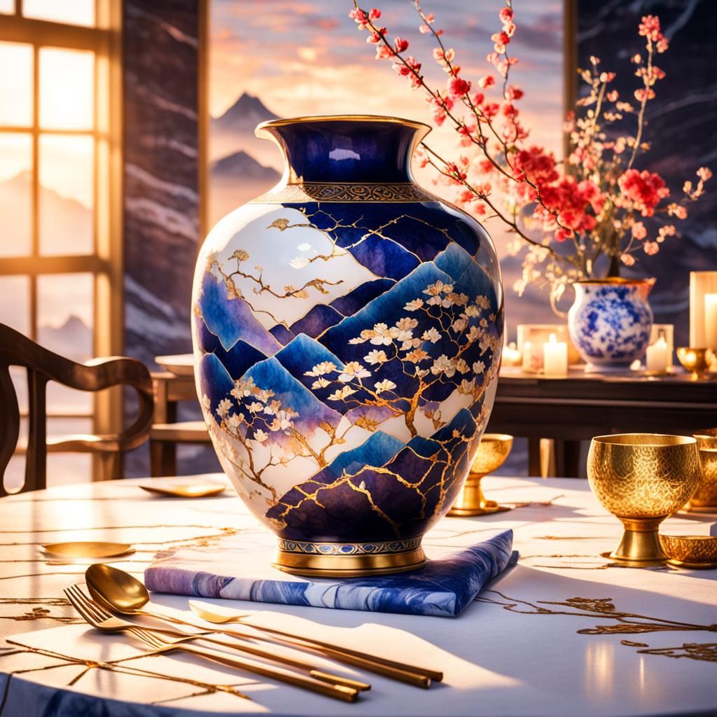 Kintsugi Vase Centerpiece in Hyperrealistic Watercolor
