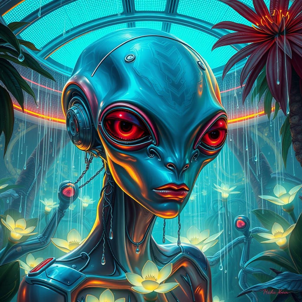 Elegant Alien in Botanical Dome: Retropunk Concept Art