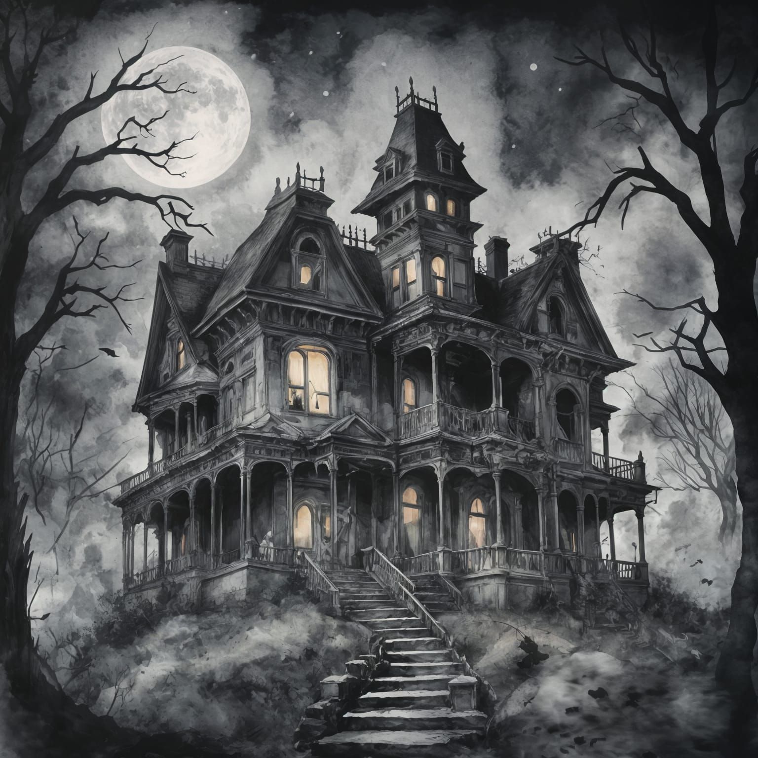 Spooky Victorian Haunted House in Charcoal Watercolor