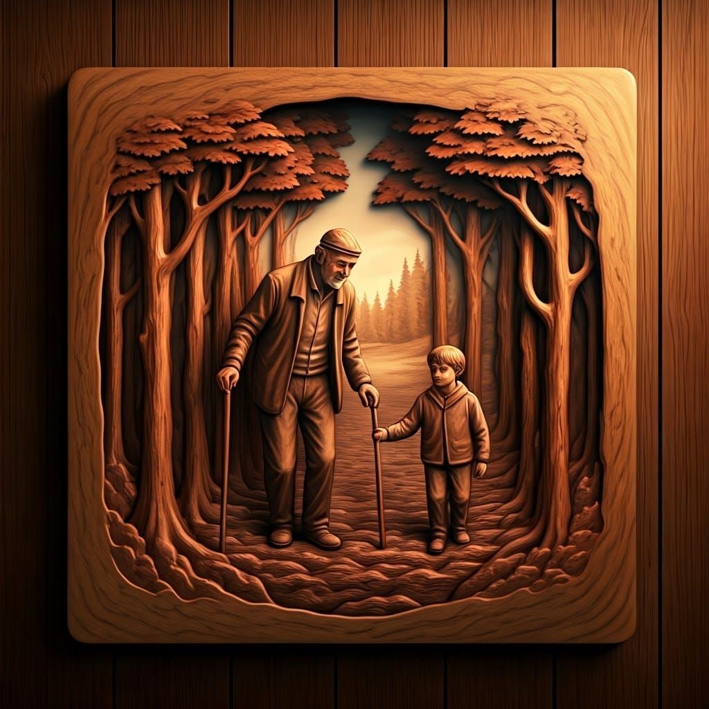 Walnut Burl Wood Carving of Man and Grandson