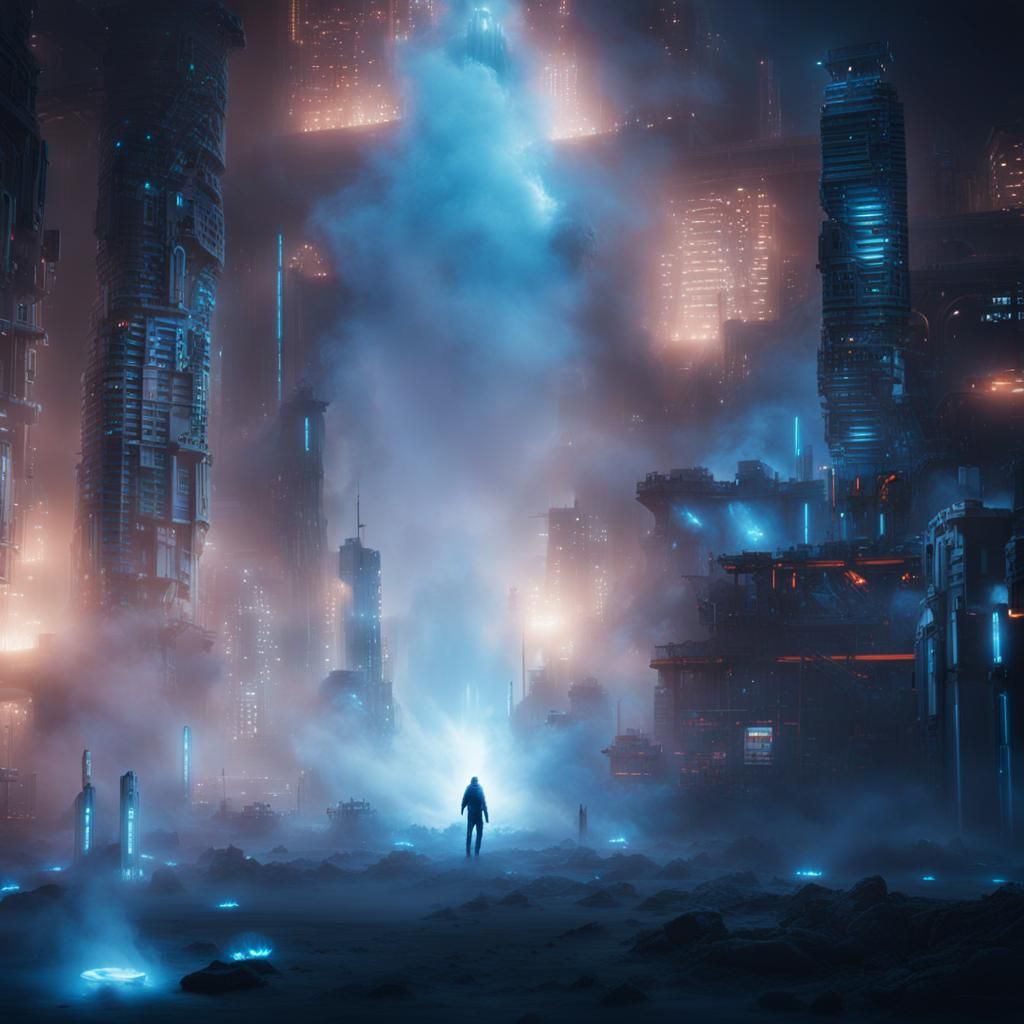 Futuristic Smoke Ghost Rises in Sci-Fi Nanotech Art