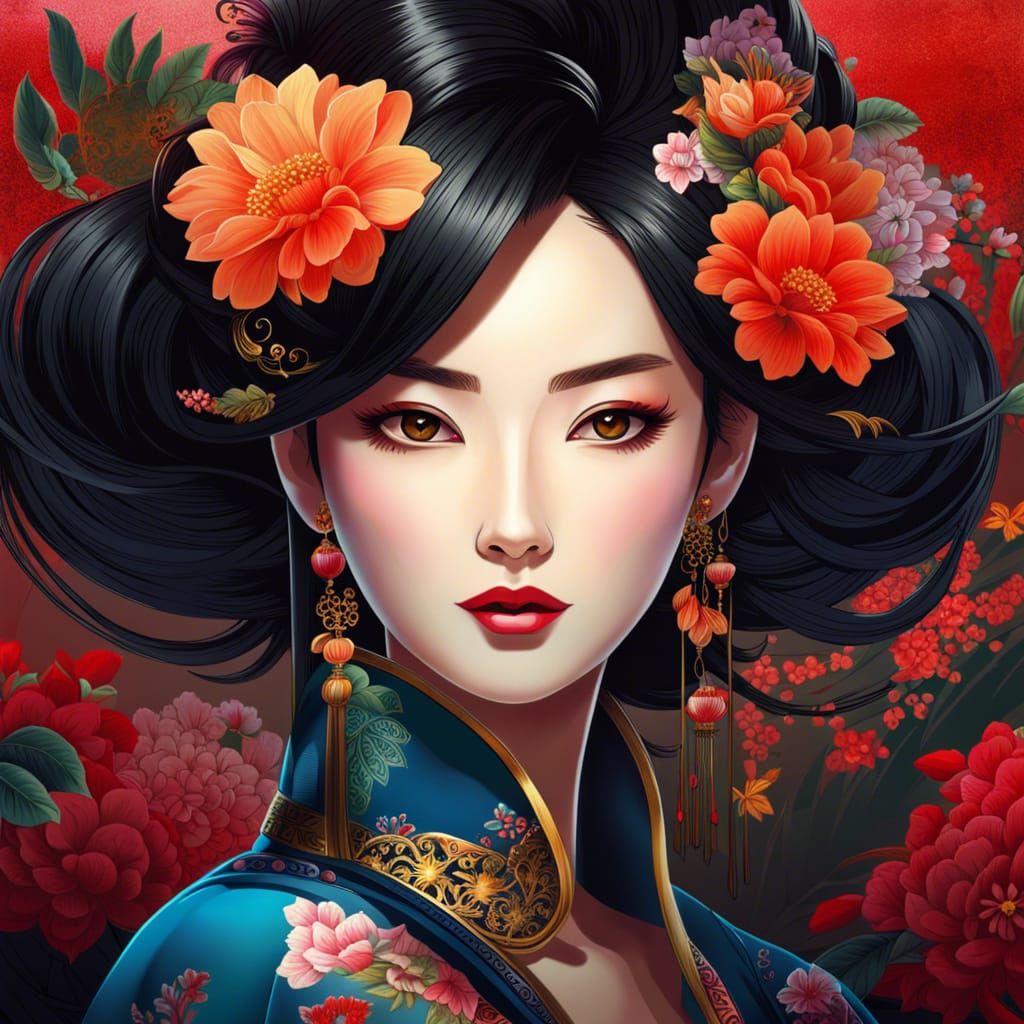 Woman with Flower in Hair: Manga-Inspired Poster Art