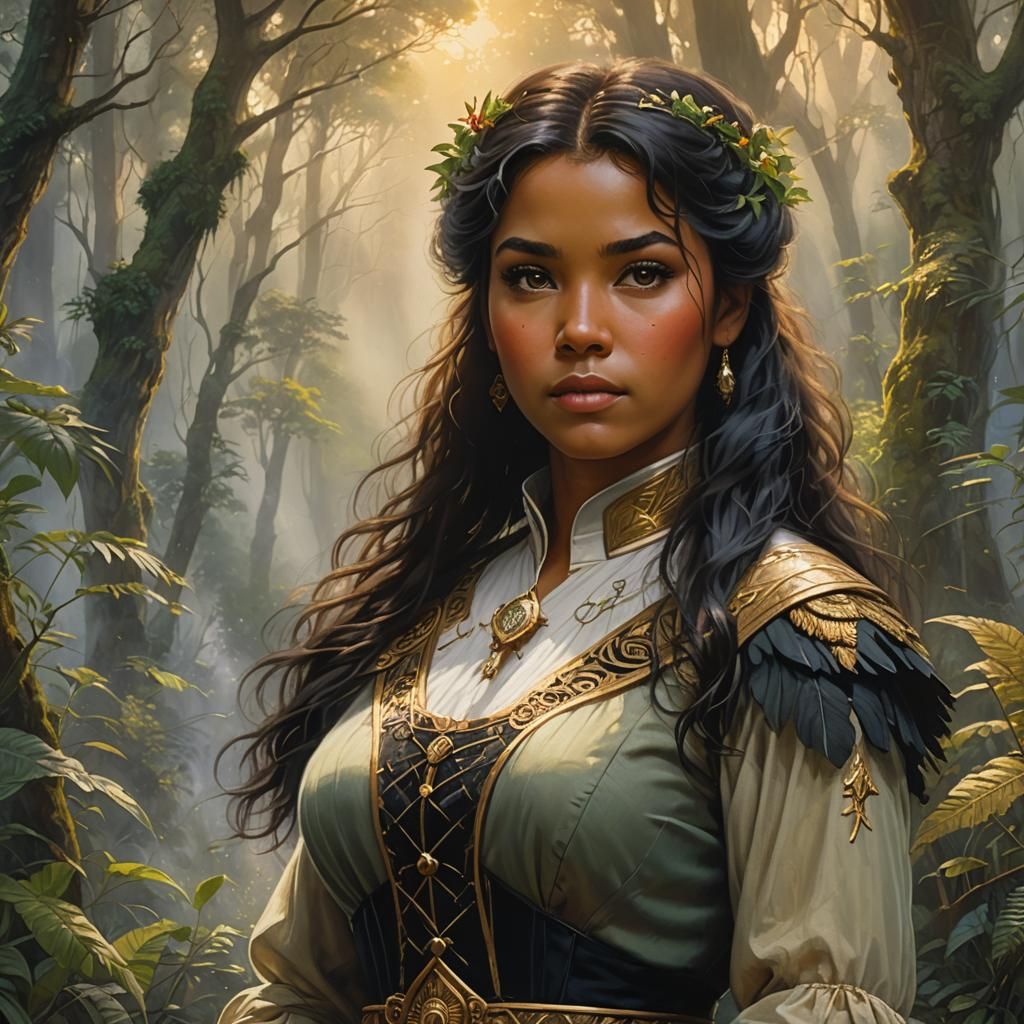 Ethereal Portrait of Samoan Girl in Mystical Forest