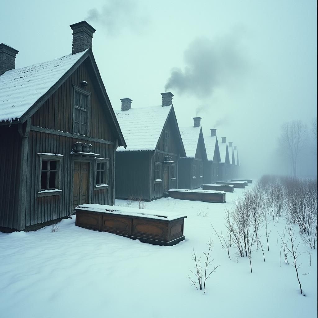 Eerie Winter Row: Coffins Before Rustic Houses