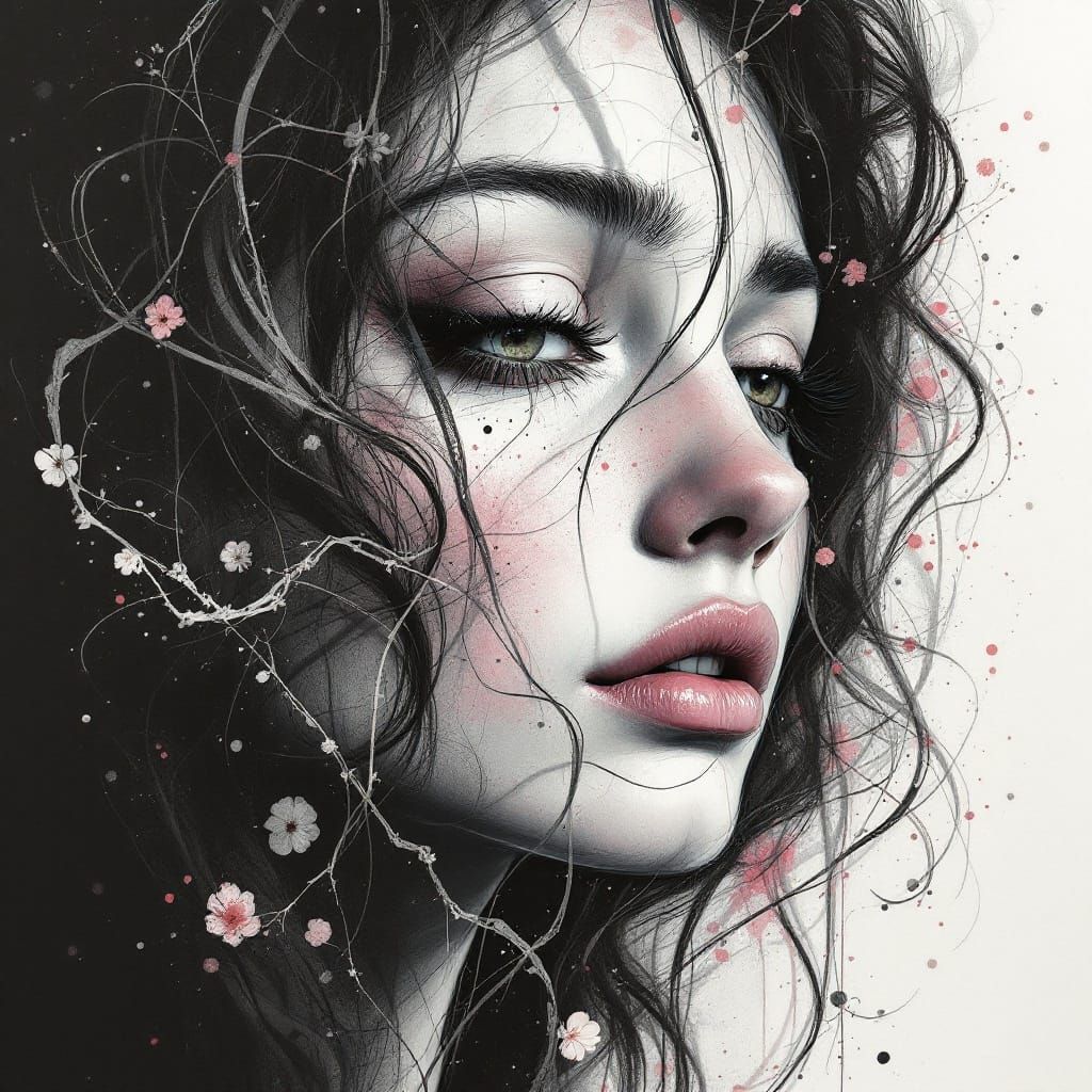 Ethereal Ink Art of a Tired Woman in 1950s Pastels