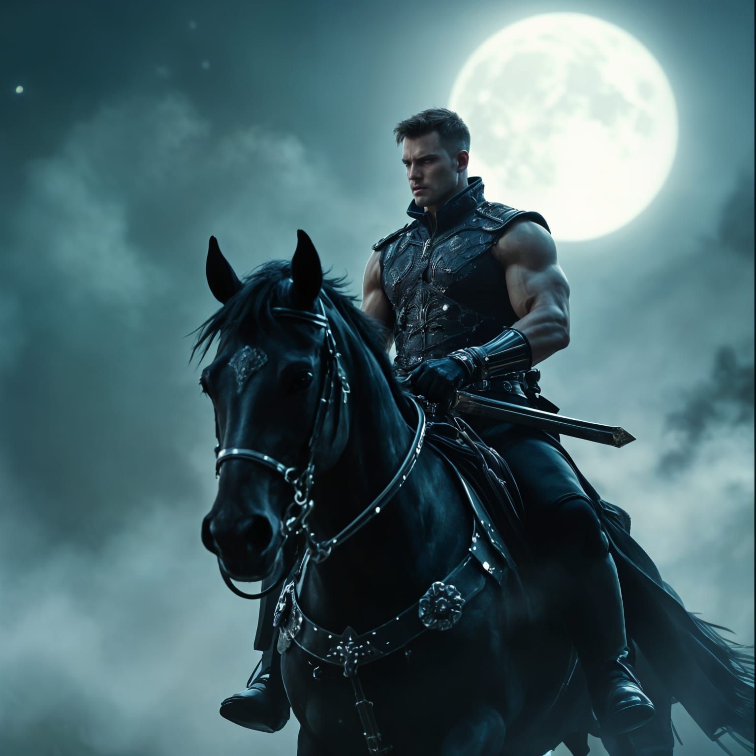 Moonlit Policeman on Stallion: Cinematic Film Still