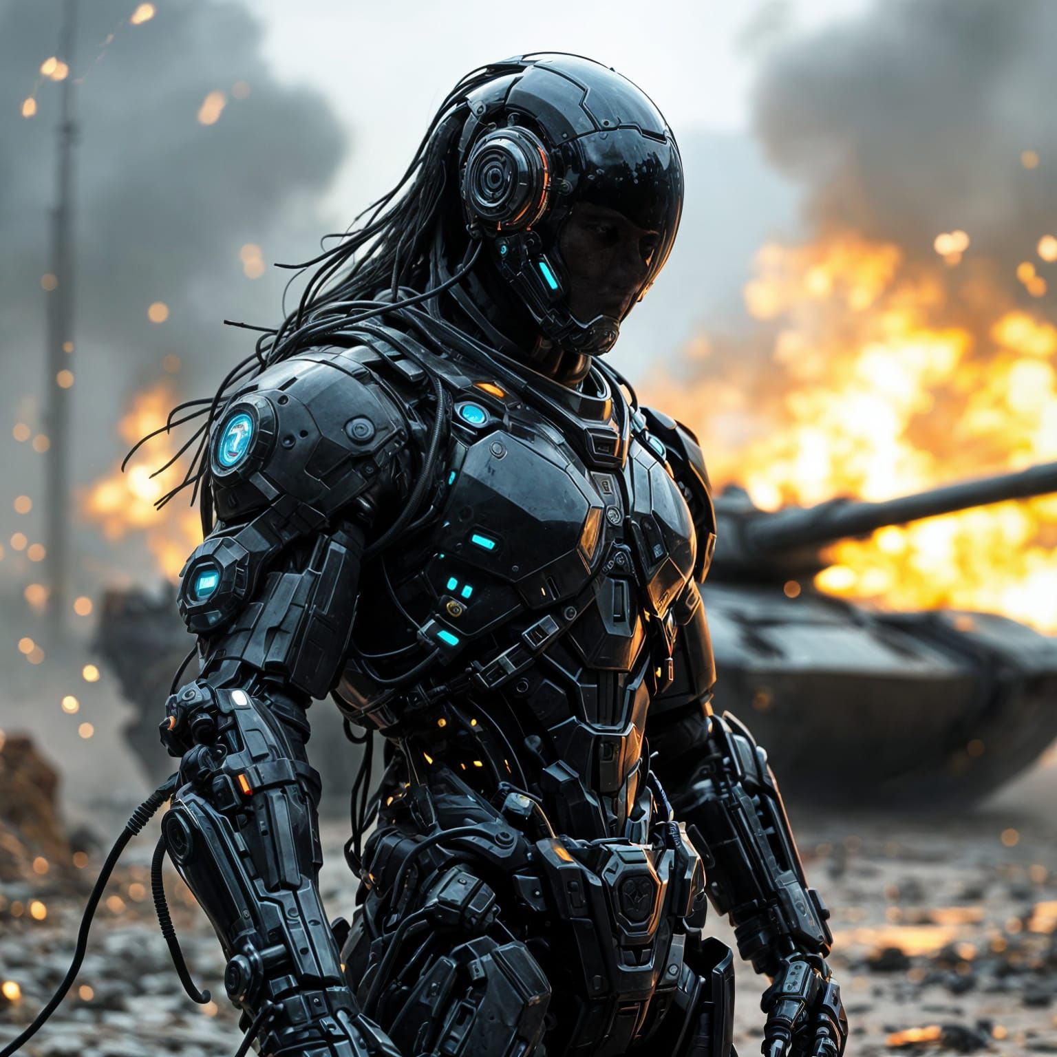 Cyberpunk Exosoldier in Futuristic Battlefield