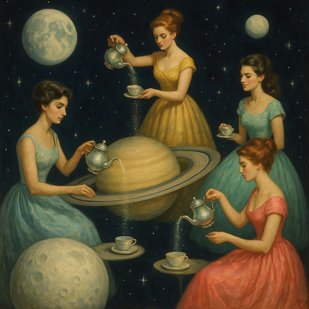 Celestial Tea Party in the Void: A Whimsical Scene
