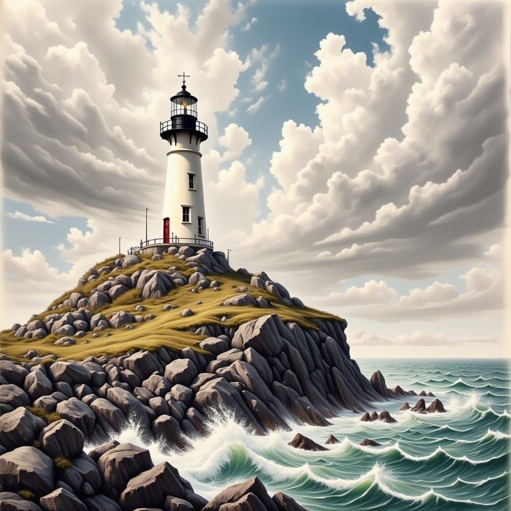 Lighthouse Endures Storm on Rocky Coast