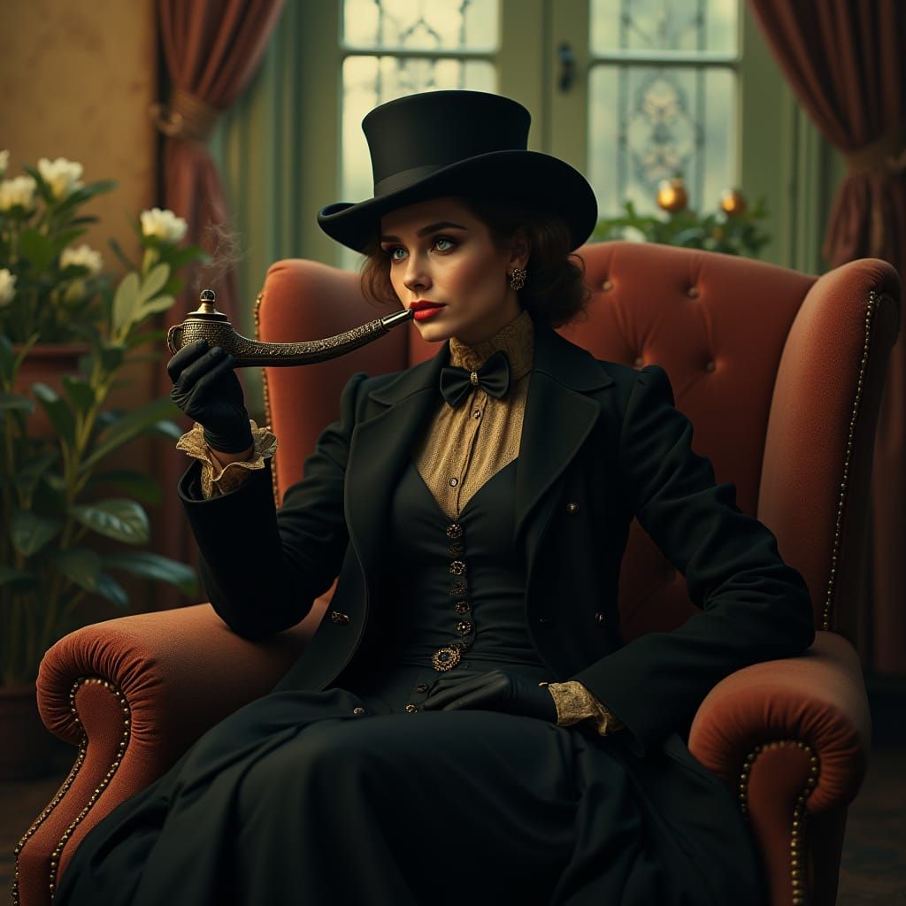 Elegant Victorian Lady Puffs on Antique Pipe