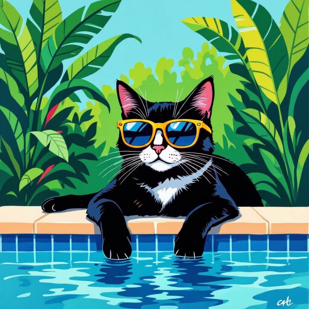 Cool Cat Lounging Poolside: Modern Art Style