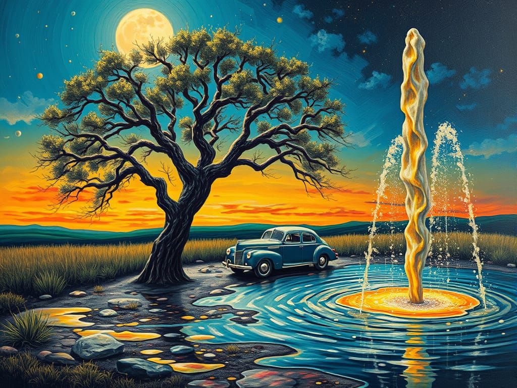 Surreal Oil Painting: Dancing Car in Moonlight