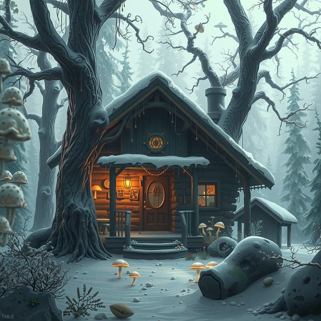 Mystical Winter Cabin Amidst Ancient Forest