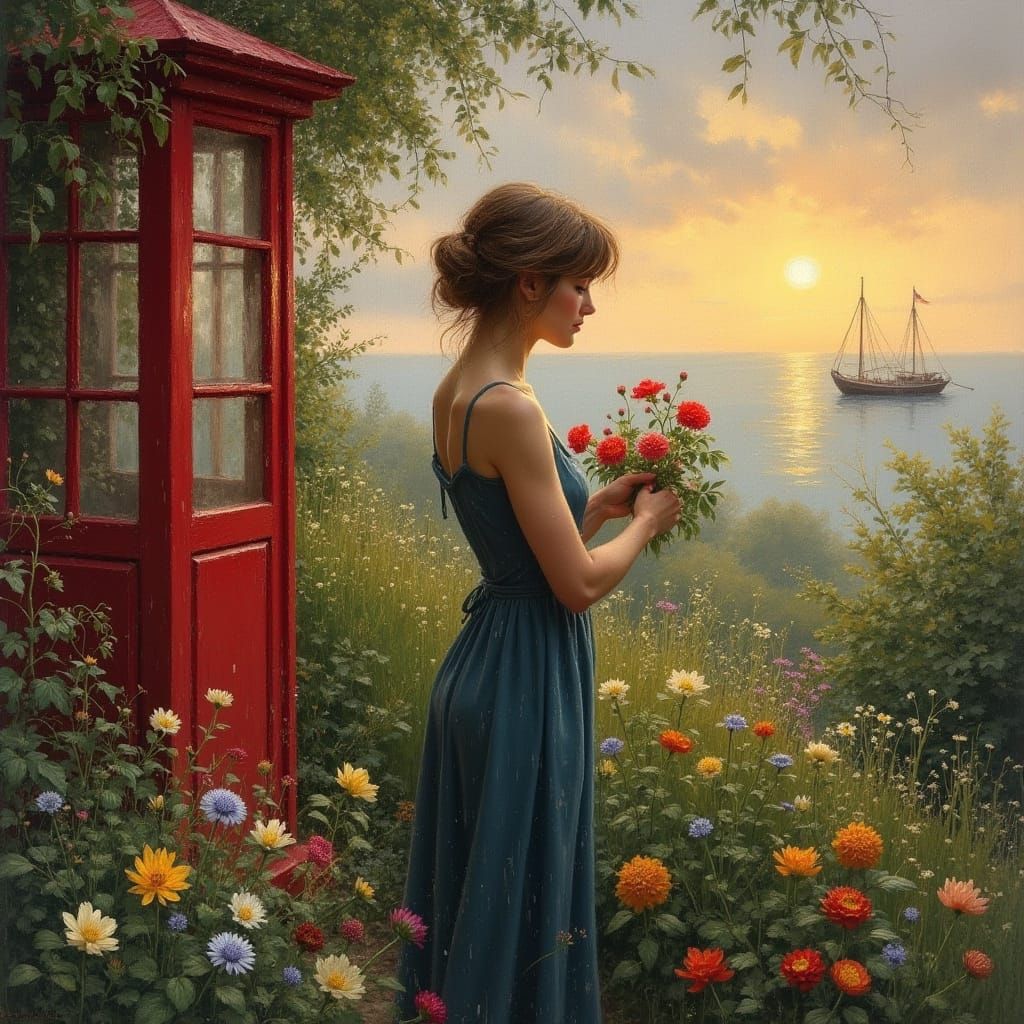 Impressionist Woman Picking Flowers in Rainy Garden Scene wi...