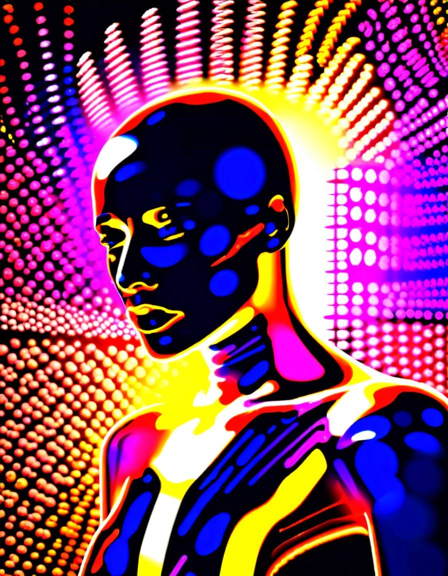 Abstract Expressionism. Medium shot. A fractali zebra figure's, face, forms from shattered, bubble glass-like shapes tha...