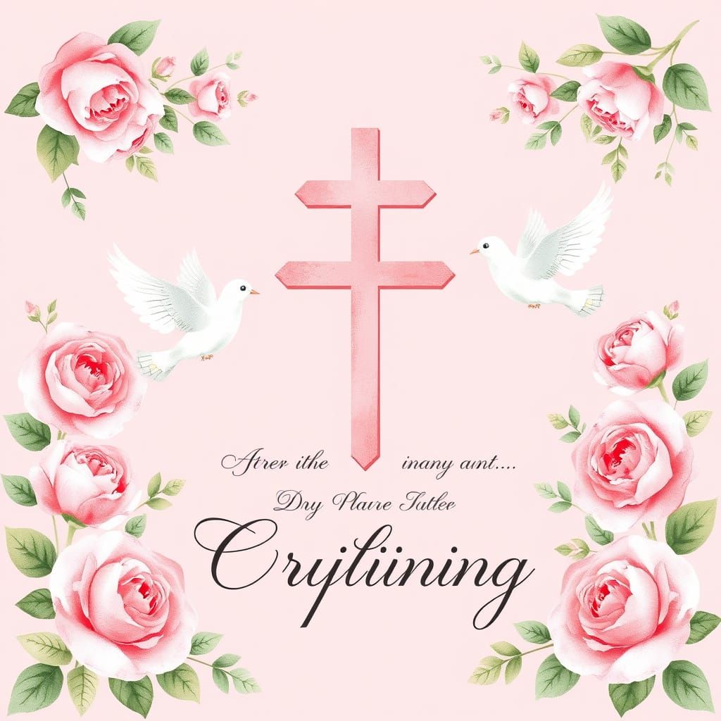 Elegant Christening Card with Pink Roses and Doves