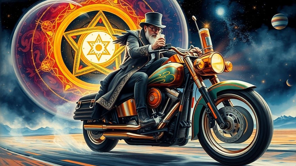 Steampunk Fairy Godfather on Harley-Davidson in Watercolor