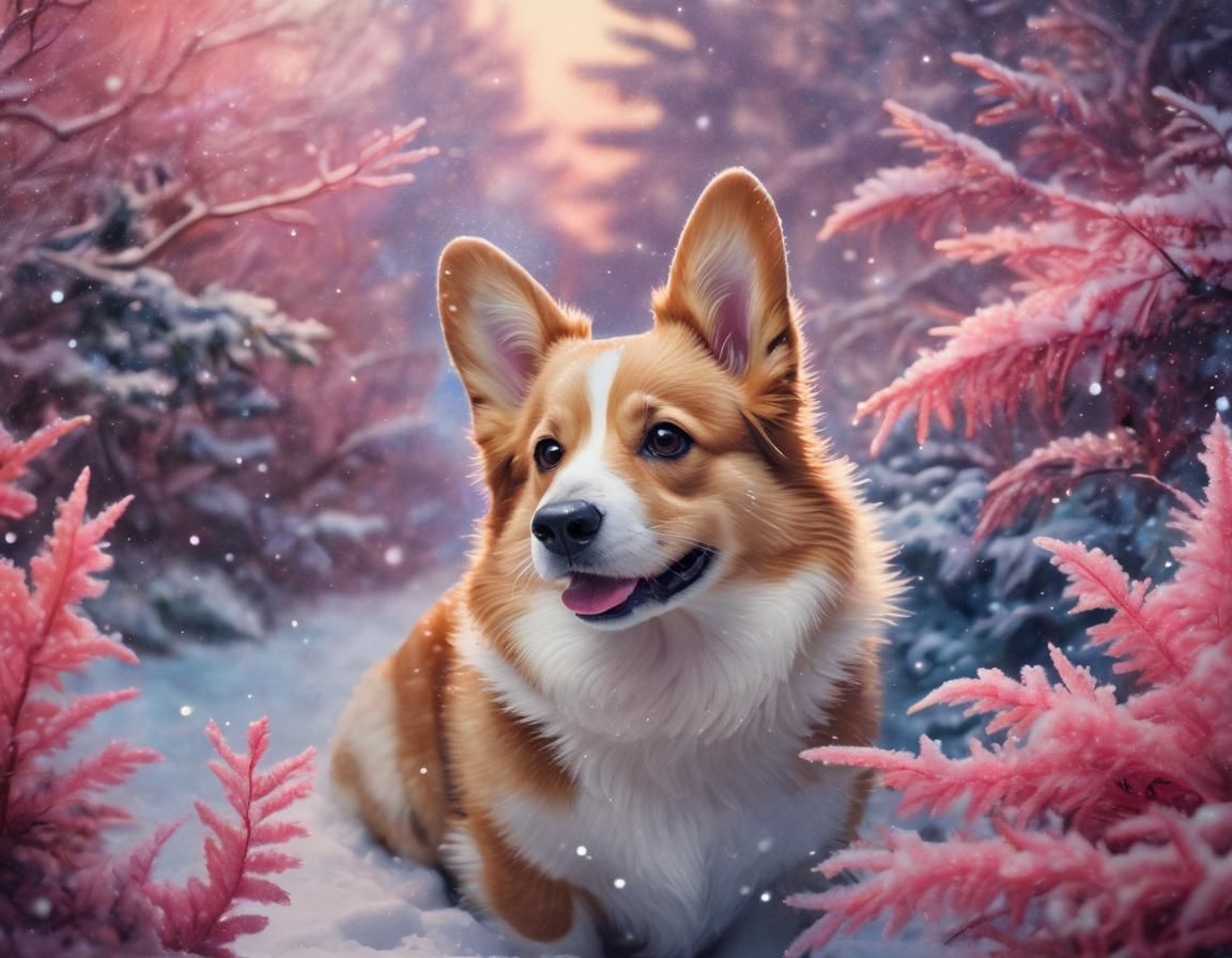 Whimsical Pembroke Welsh Corgi in Snowy Winter Wonderland