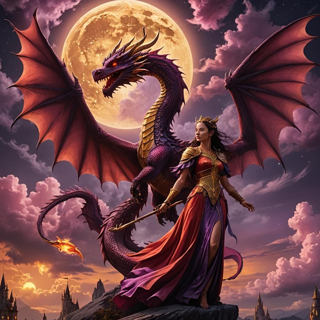 Red Dragon and Priestess Under Moonlit Sky