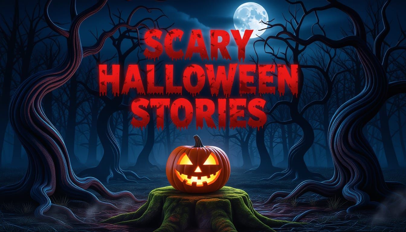 Eerie Halloween Forest Night Scene with Jack-o'-Lantern