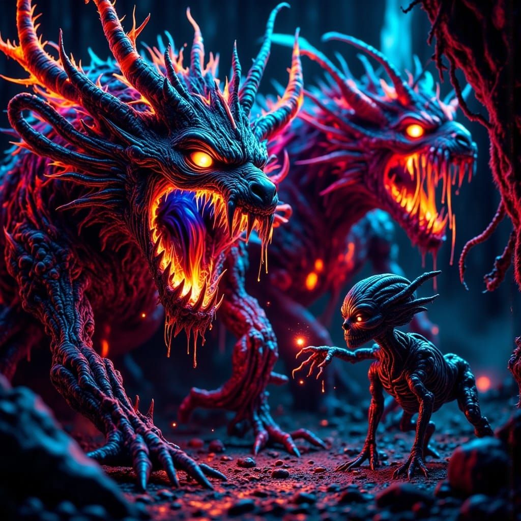Grotesque Dragon Menaces Alien in Dark Fantasy Horror