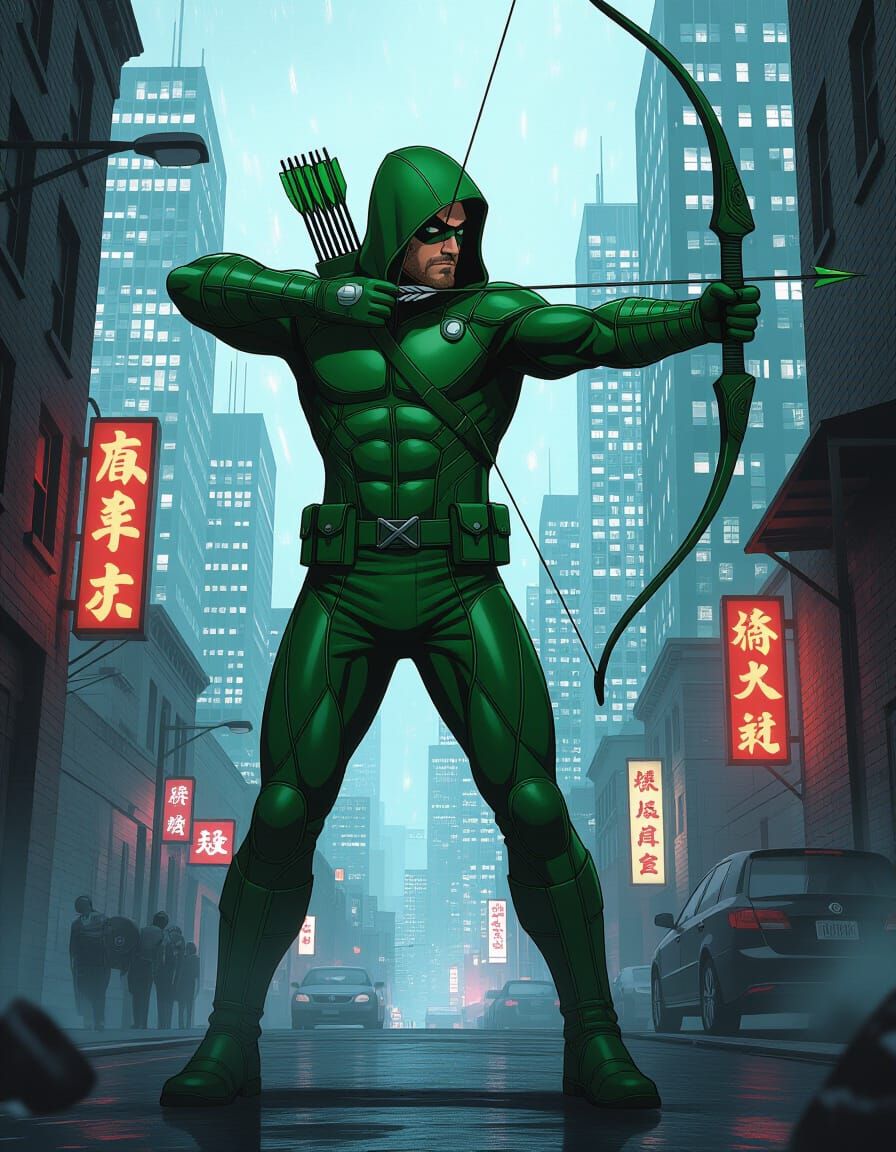 Green Arrow in Urban Landscape, Comic Book Style