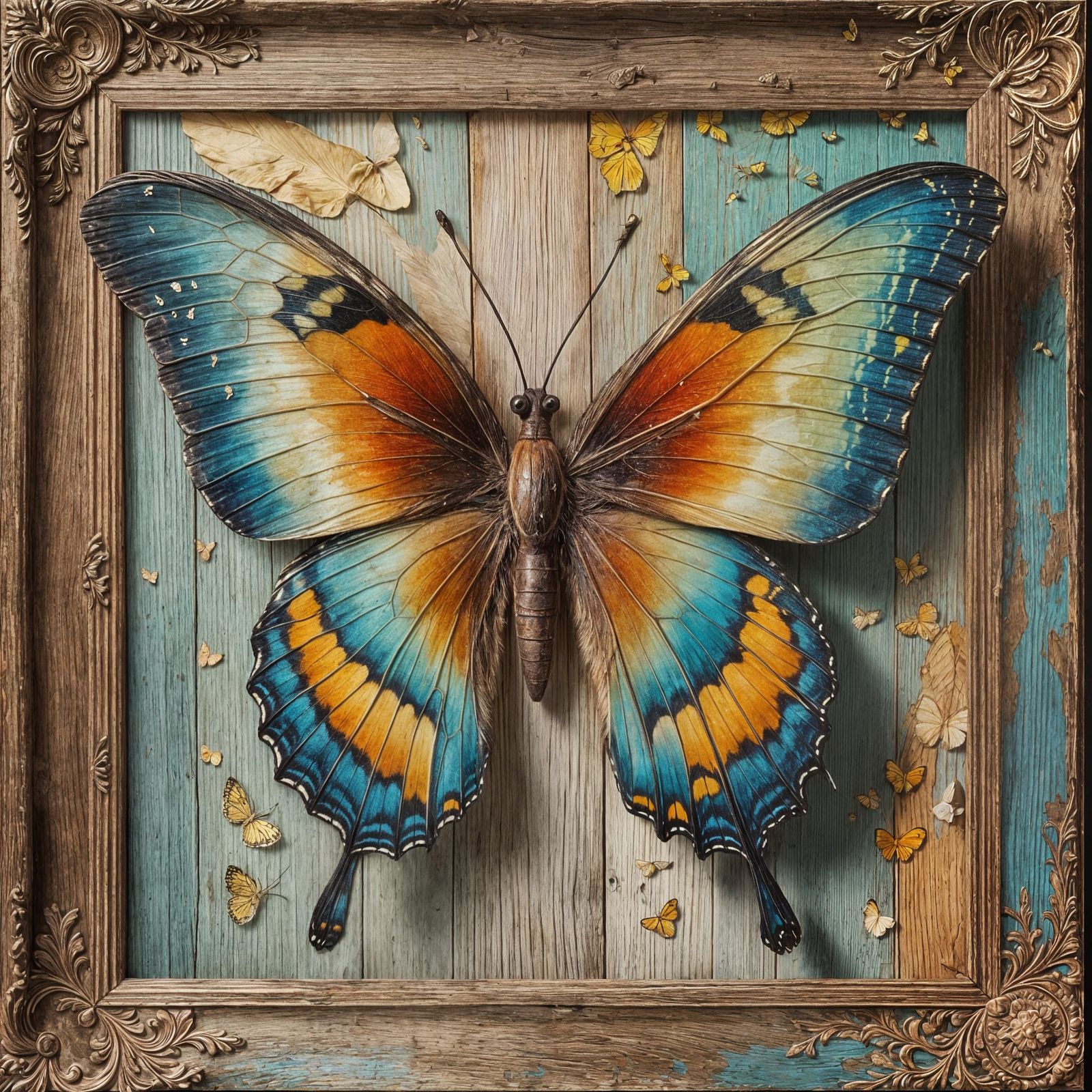 3D Butterfly Wings Emerging from Wooden Frame