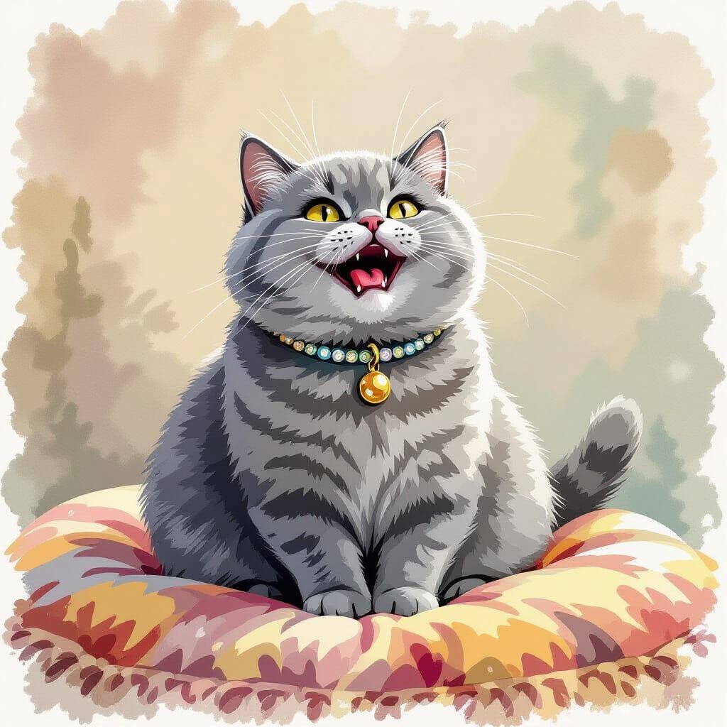Chubby Grey Cat on Cushion, Mewing Loudly