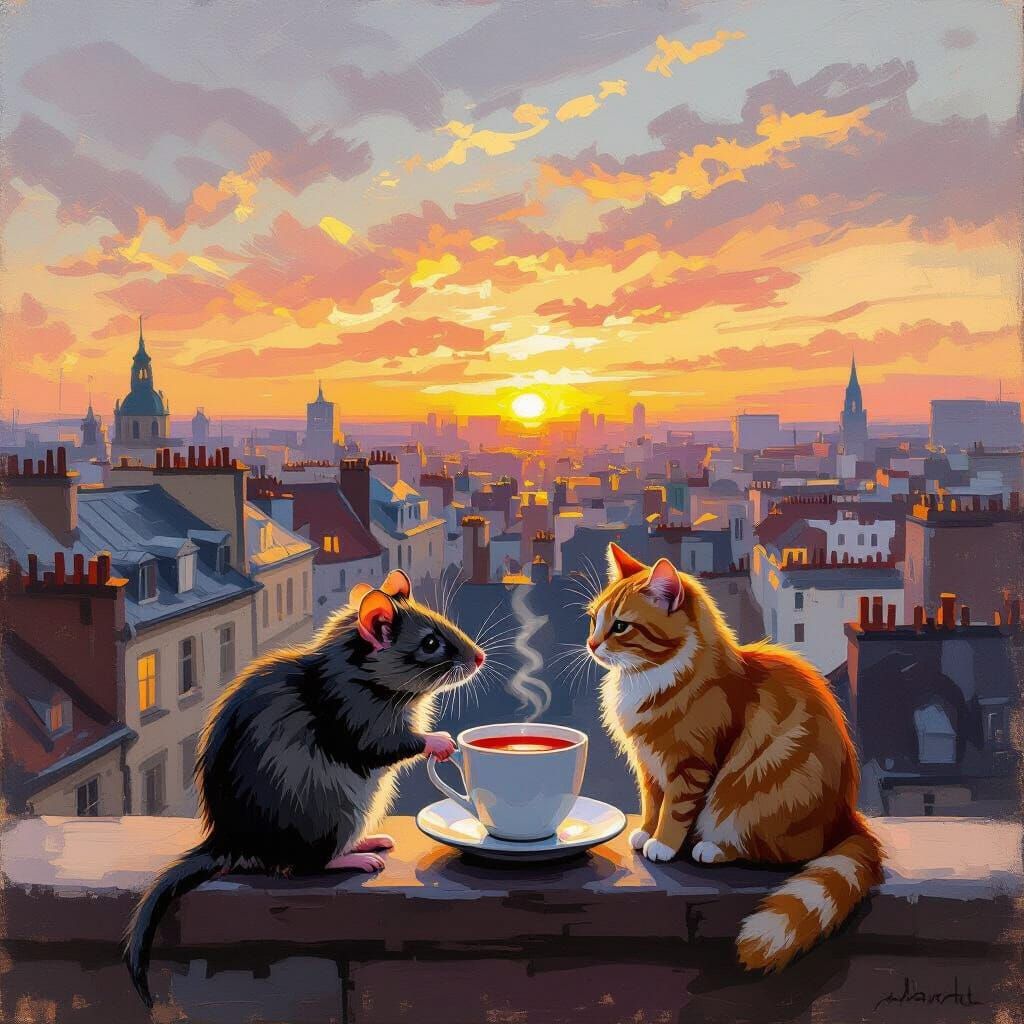 Rat and Cat Share Tea on Balcony at Sunset