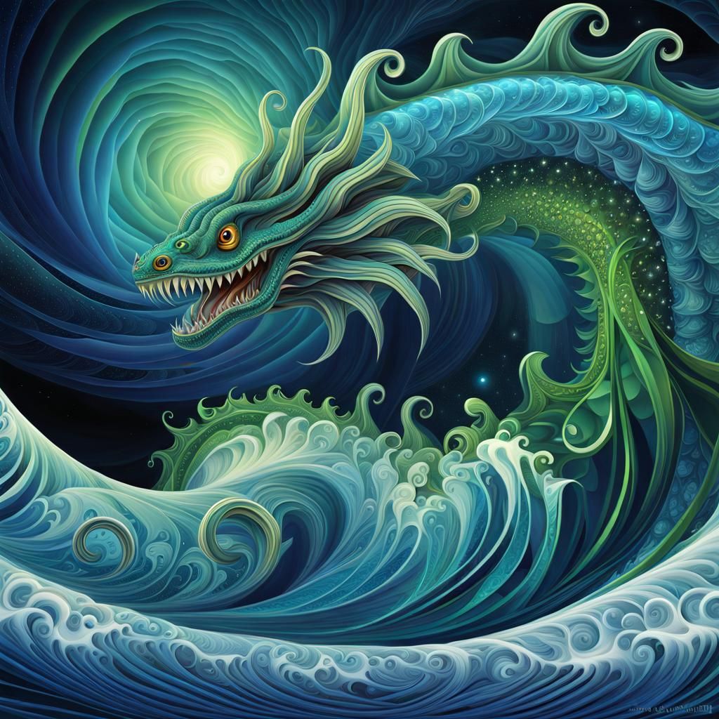 Sea Monster Emerges from Starlight Fractal Waves