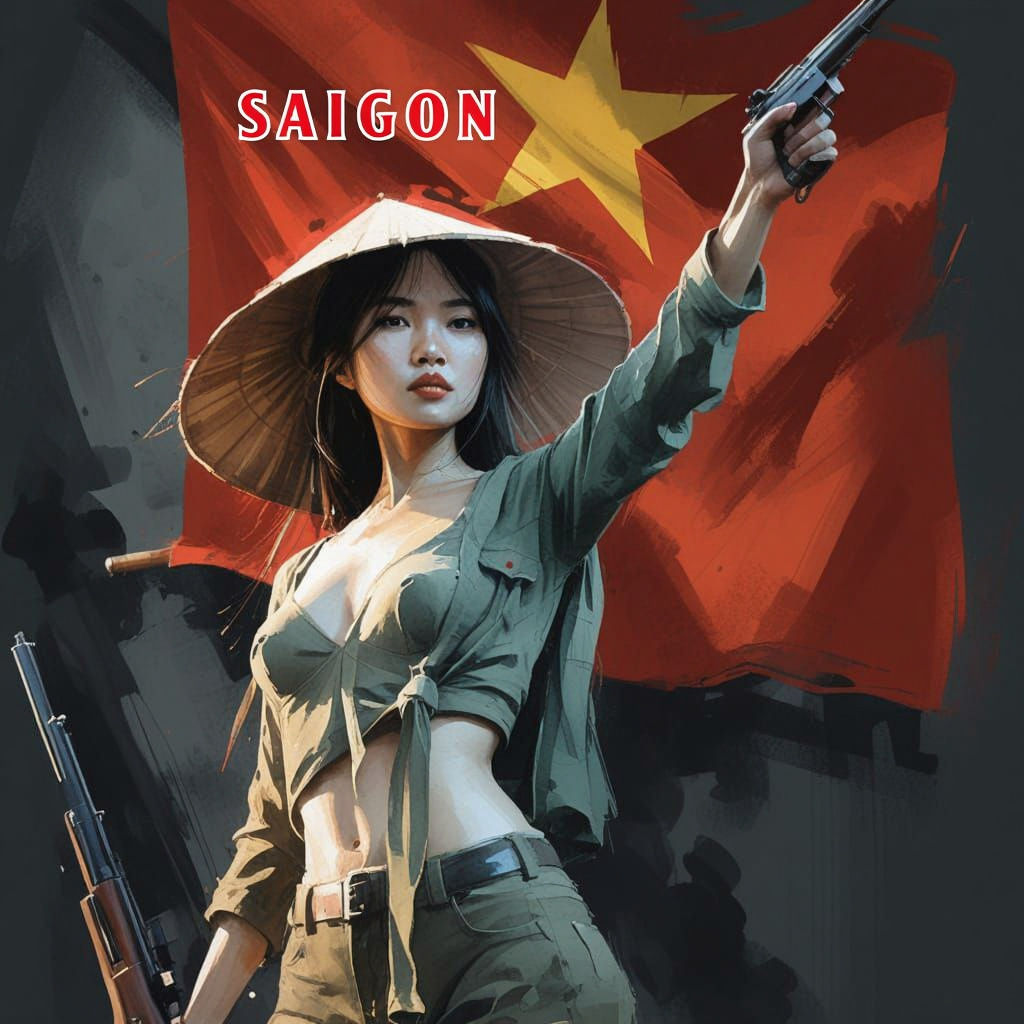 Asian Woman Warrior with Rifle and Vietnamese Flag