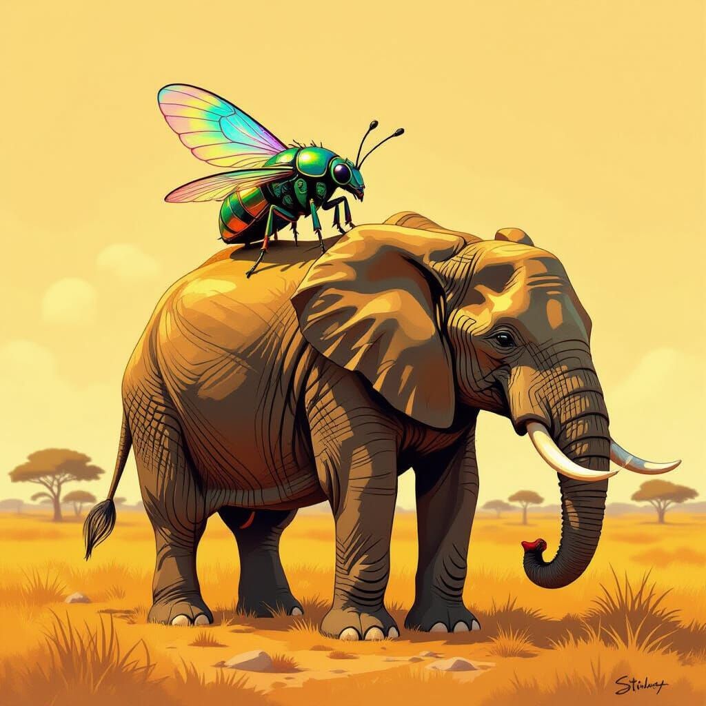 Tiny Micro Bug on Giant Elephant in Golden Savannah