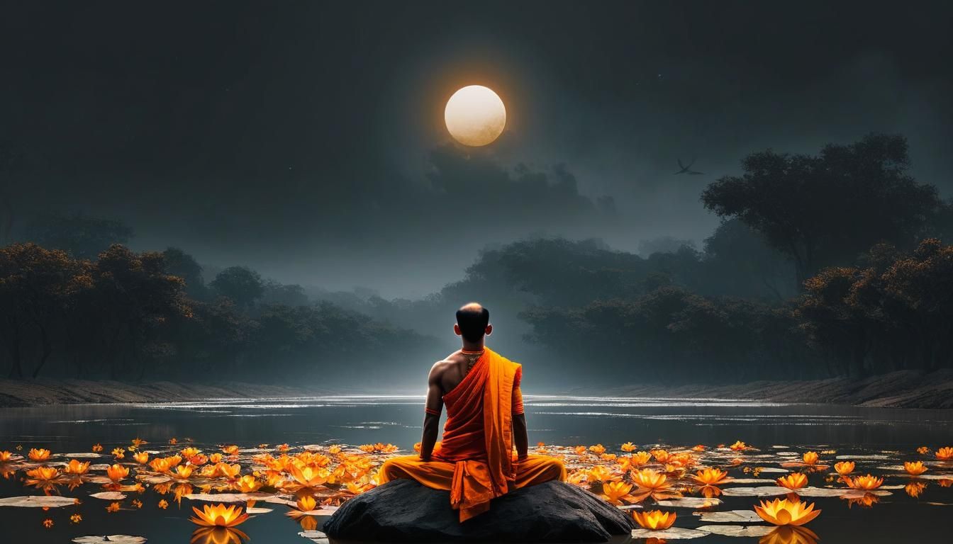 Hindu sage meditating under the full-moon on the shores of a...