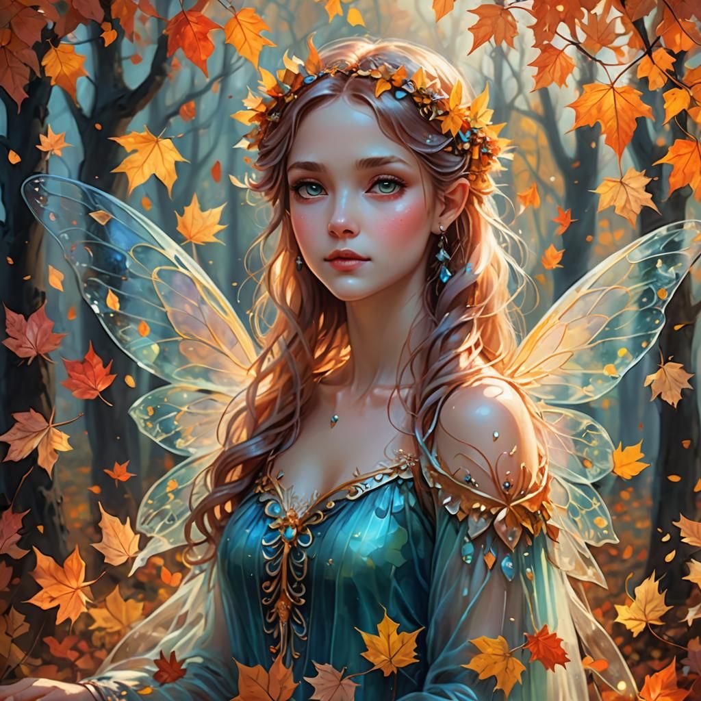 Ethereal Fairy Among Autumn Leaves in Romanticism Style