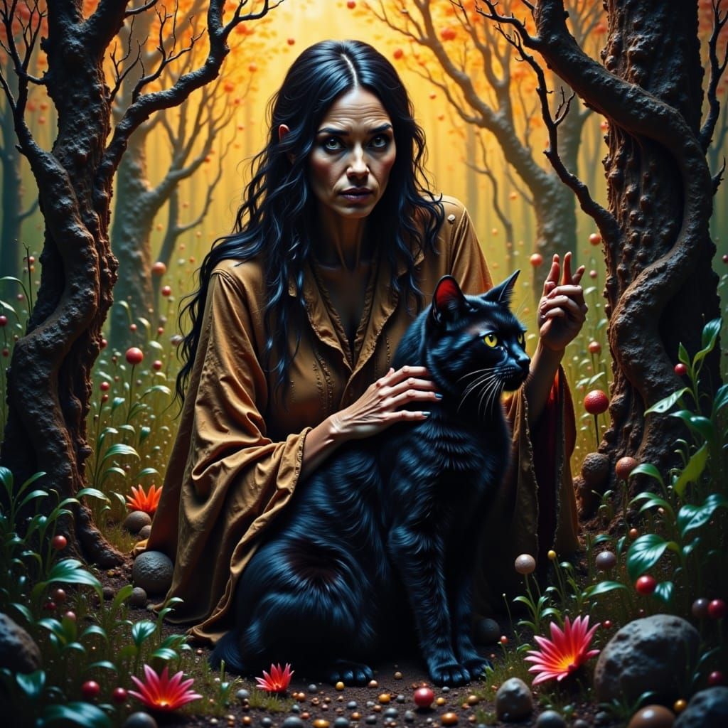 bosque encantado donde una vieja bruja esta acariciando un gato negro <lora:Subrealismo:1.0>