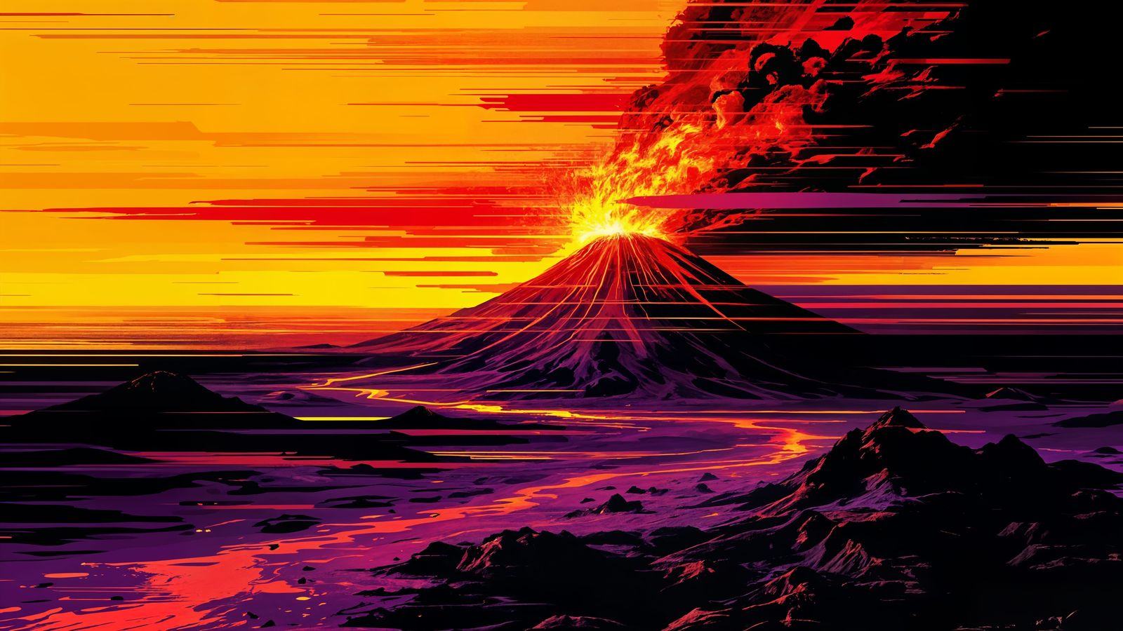 Glitch Art Volcano Eruption in Vibrant Colors