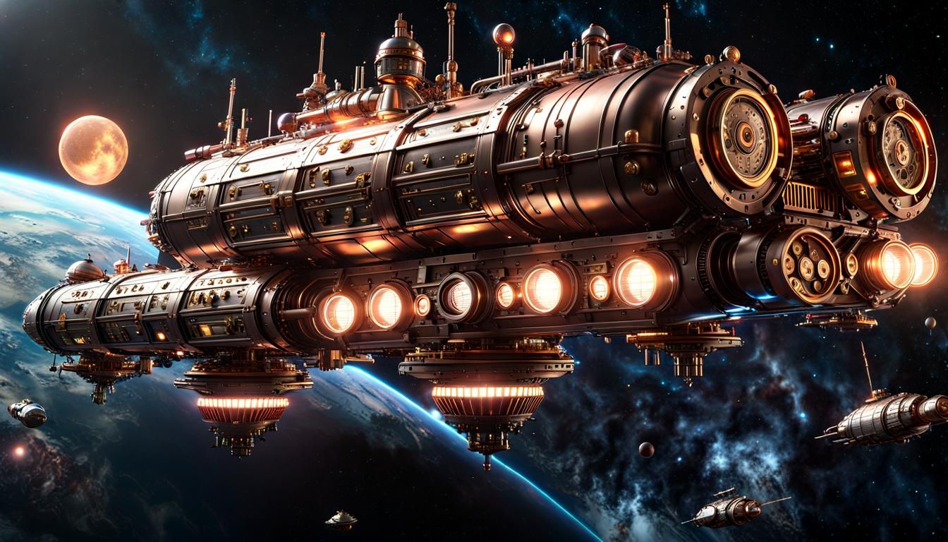 Steampunk Motherships in Space: Hyperrealistic Sci-Fi Art