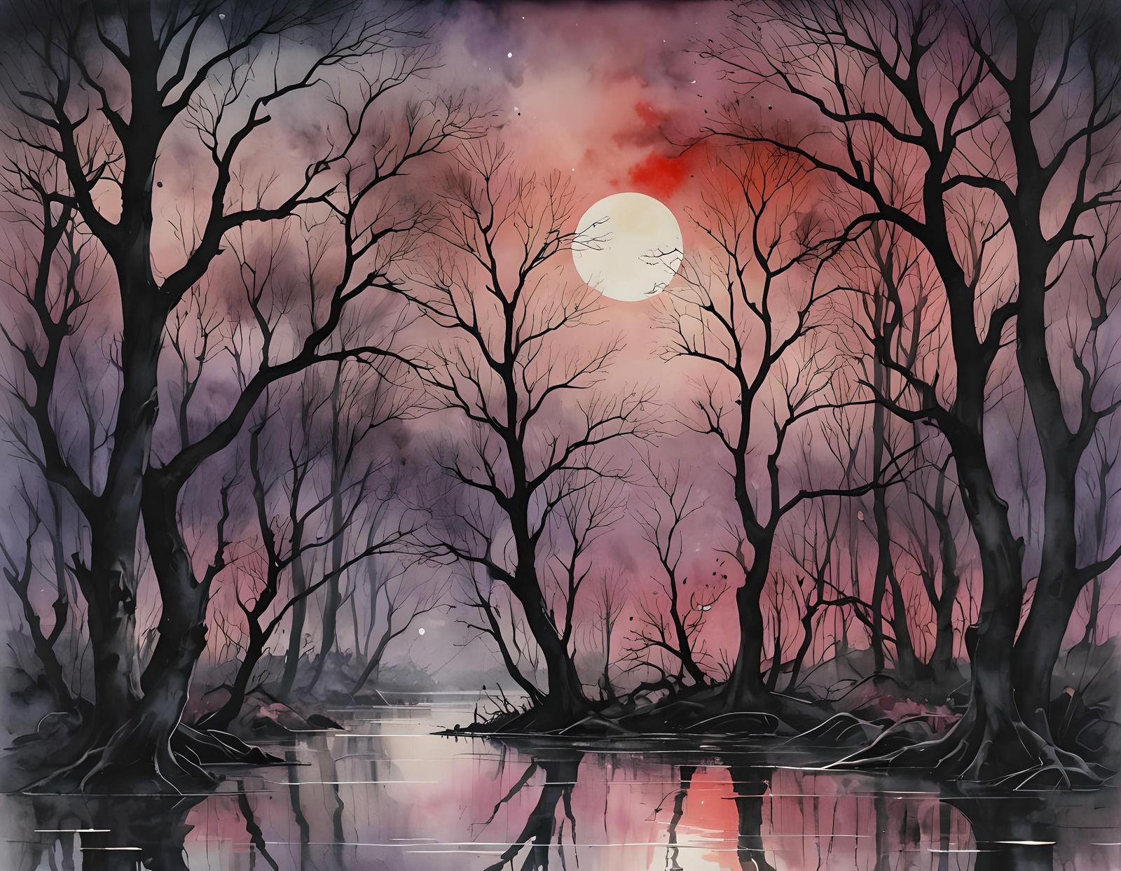 Flooded Woodland at Full Moon in Art-Deco Watercolor