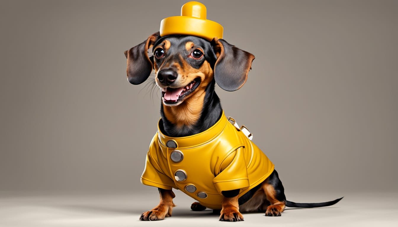 A weinerdog (dachshund) with mustard cosplay.