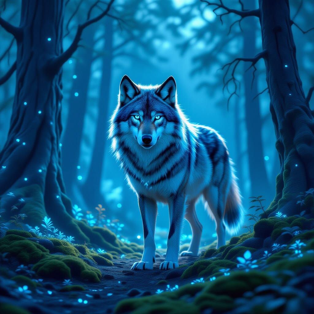 Bioluminescent Wolf in Crystalline Forest, Digital Art