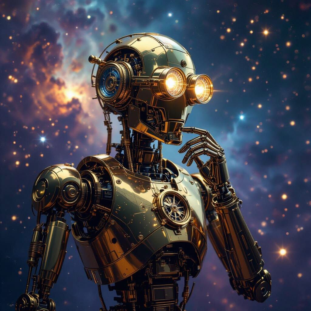 Brass Automaton in Cosmic Nebula, Surreal Sci-Fi Art