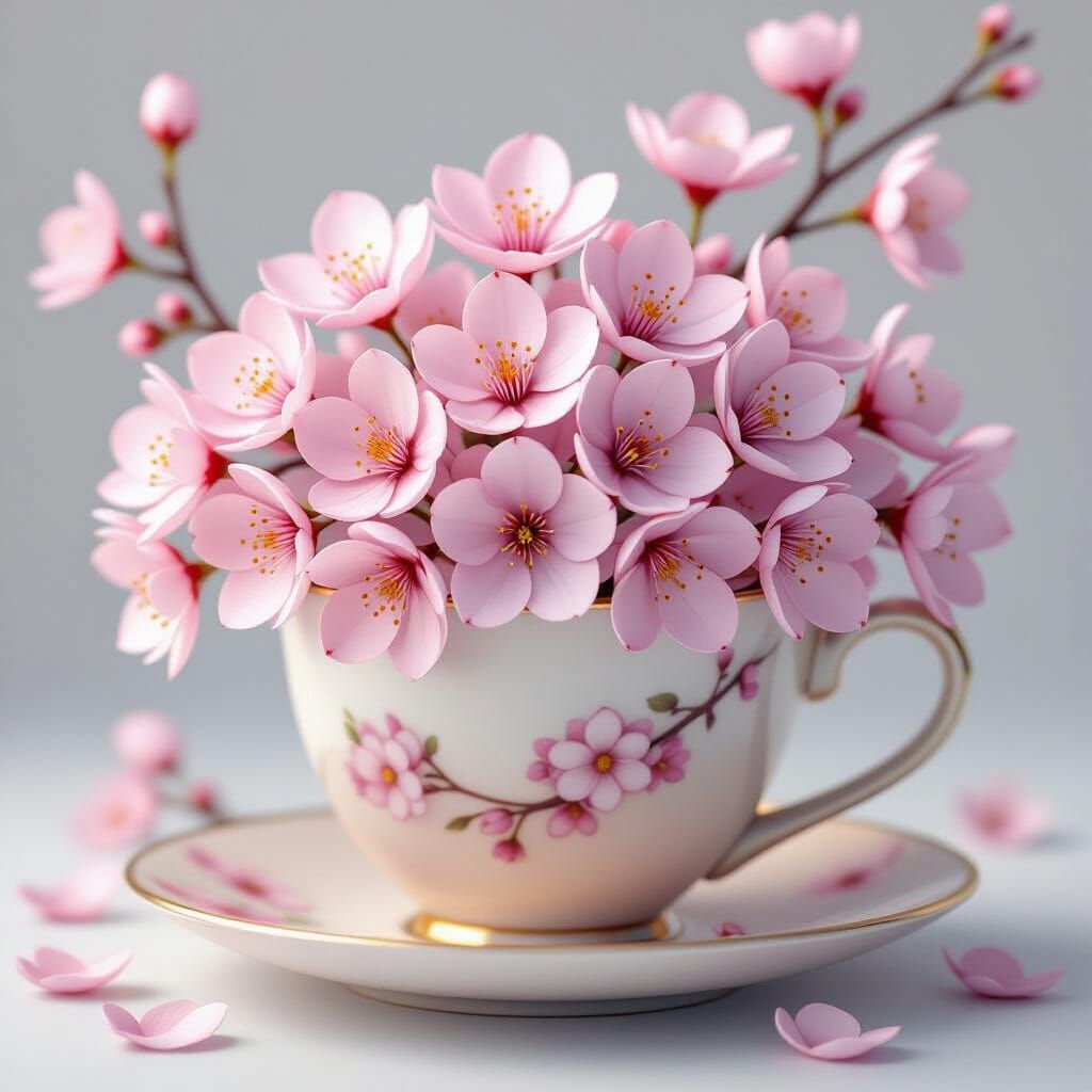 Teacup Overflowing with Cherry Blossoms in 3D Cartoon Style