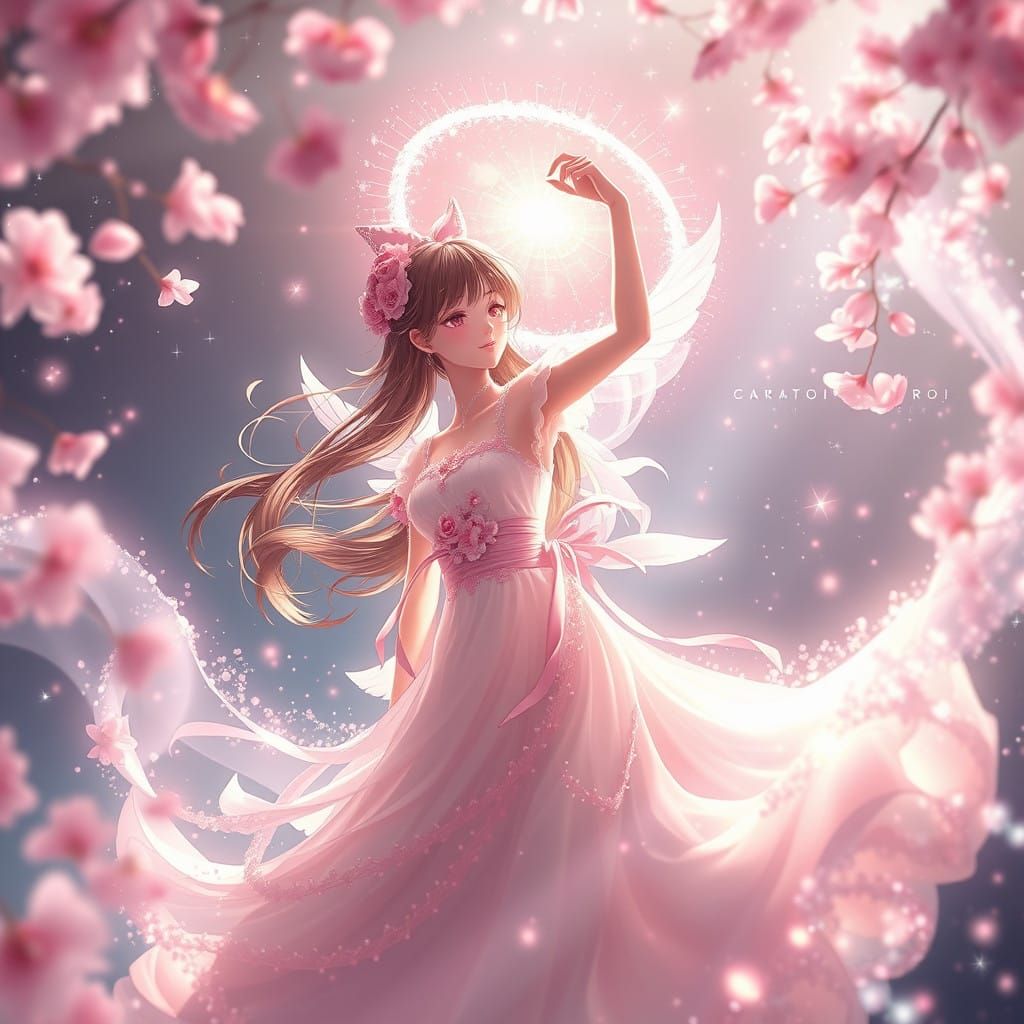 Whimsical Maiden Dances Amidst Cherry Blossoms