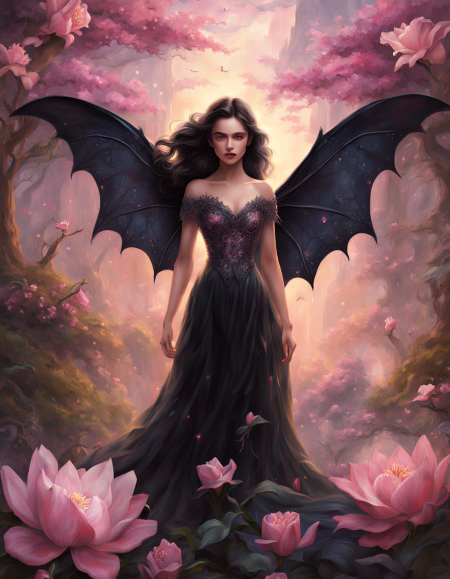 Ethereal Woman with Bat Wings in Digital Oil Painting