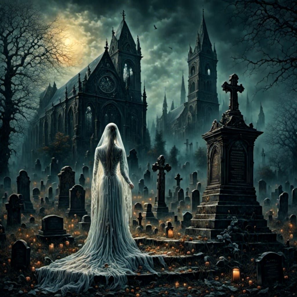 Ghostly Bride Haunting Church in Moonlight