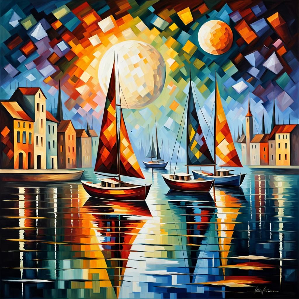 Cubist Boats on Water with Moon City