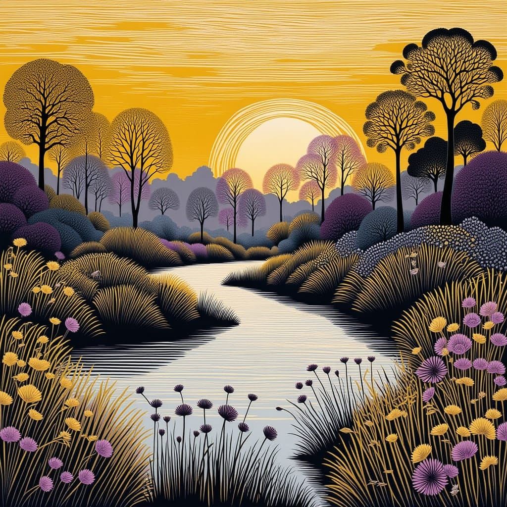 River Landscape in Vibrant Yellow and Purple Hues