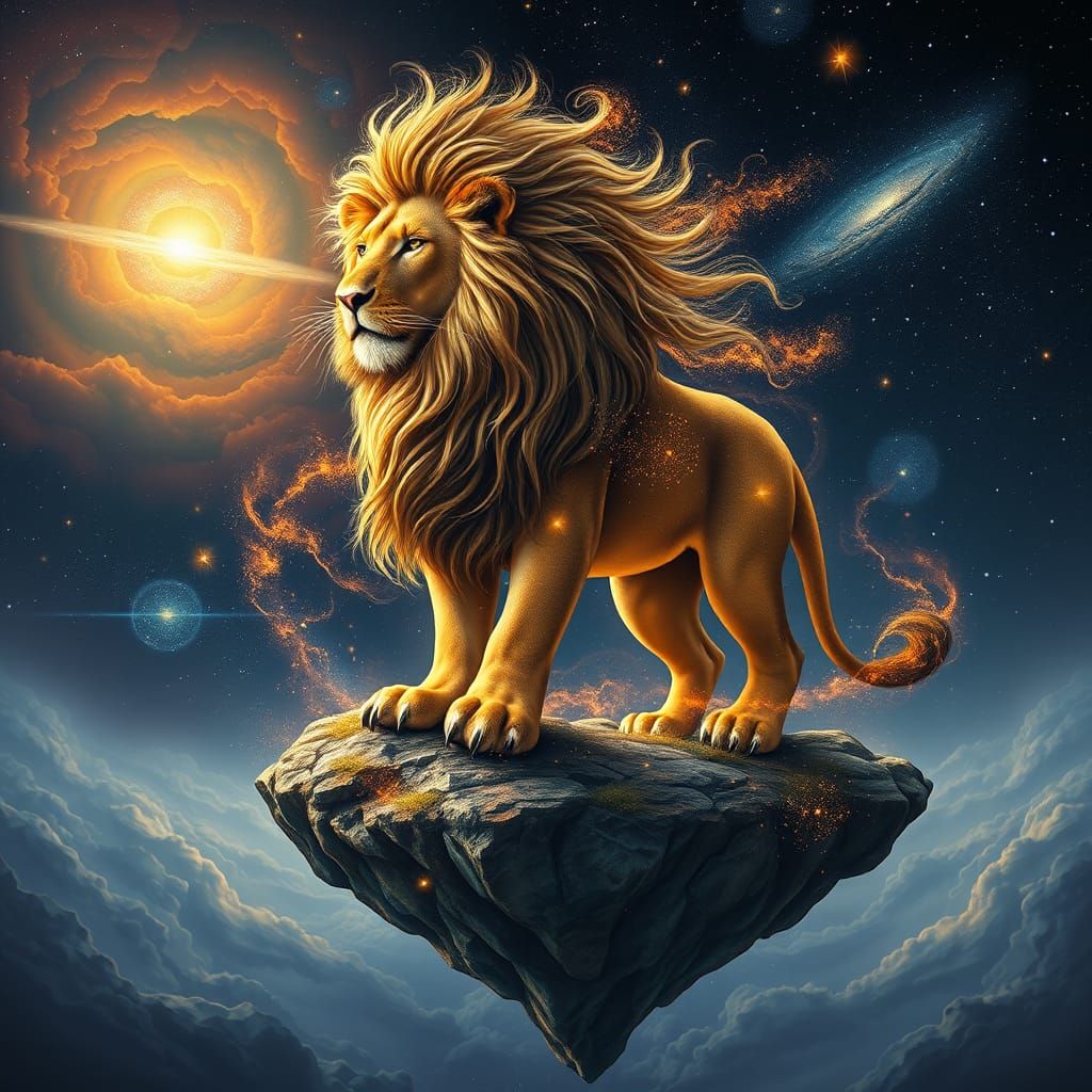Cosmic Lion on Floating Island, Hyperrealistic Art