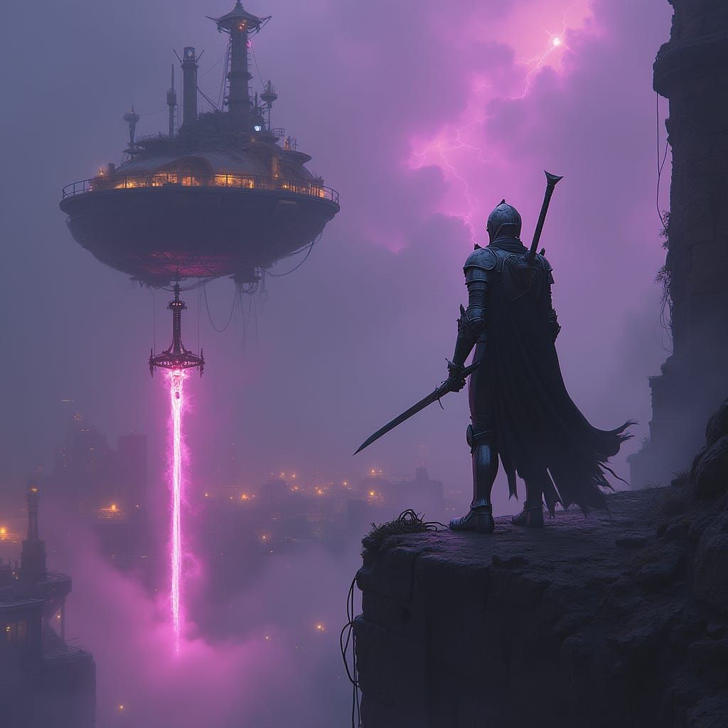 Steampunk Knight Gazing Over Cyberpunk Cityscape in Dark Fan...
