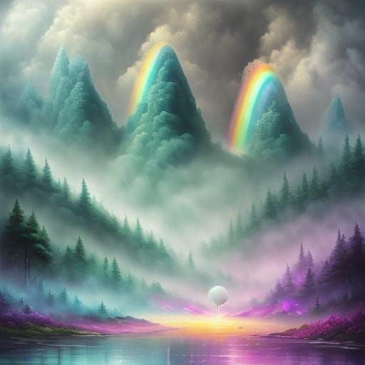 Rainbow Mist Waterfall in Vibrant Digital Art